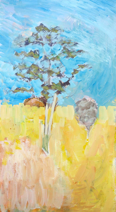 summer eucalypt study gouache eucalyptus trees sketch yellow blue  by sue wellington-web