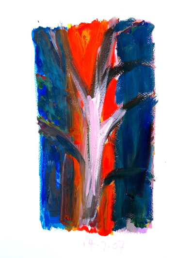landscape study 11 gouache tree sketch blue red by sue wellington-web